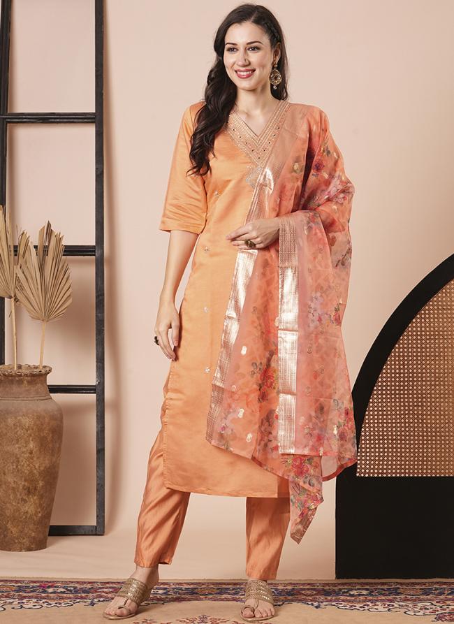 Pv Chanderi Orange Party Wear Embroidery Work Readymade Kurti Set